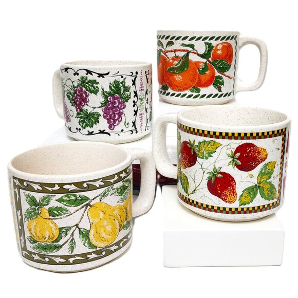 Vintage RARE Stacking Stoneware Mug Set of 4 Grape Orange Pear & Strawberry